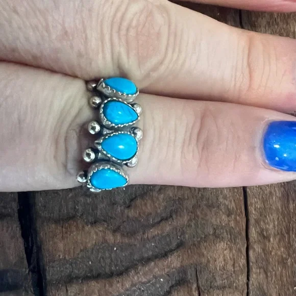 Zuni Navajo Blue Turquoise Ring Band Sleeping Beauty Sterling Petit Point 7 - Picture 10 of 11